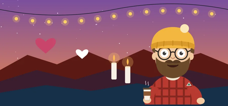 String lights and candles over a dusk ridge