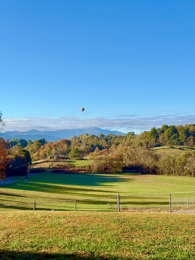 Hot air balloon over the Hominy Valley in Candler at sunrise, mountains behind, fall color below