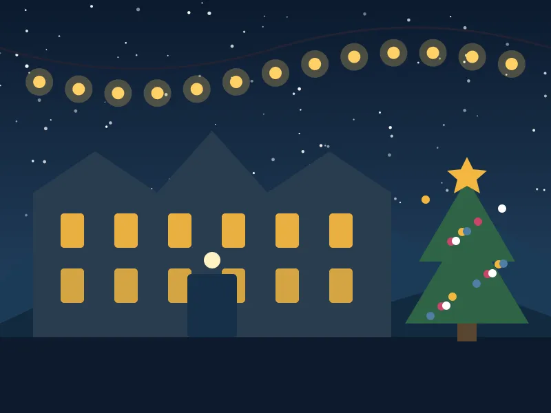 Ashe in front of a grand house with every window lit for Christmas and a decorated tree out front