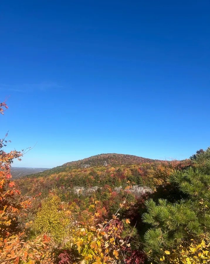 A ridge above the valley in full color, a rock cliff band across the slope, late October