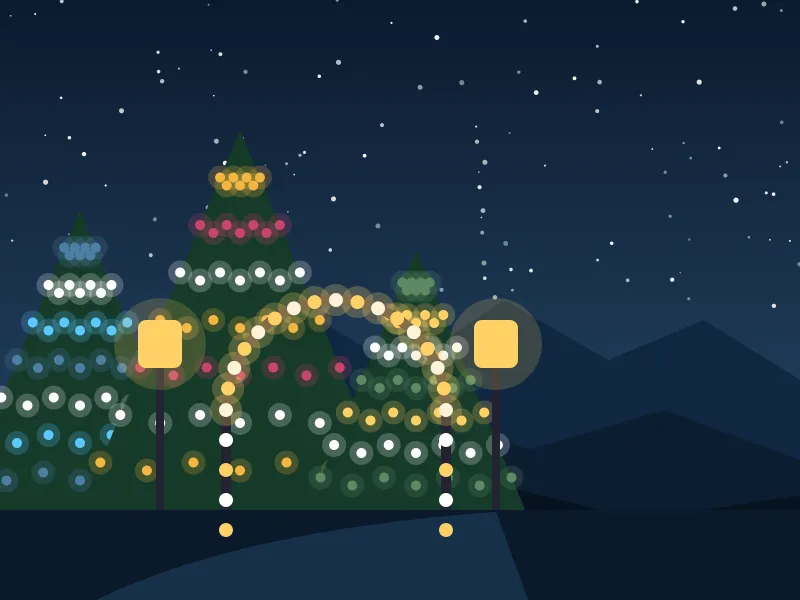 Ashe under strings of holiday lights in front of a lit house and tree